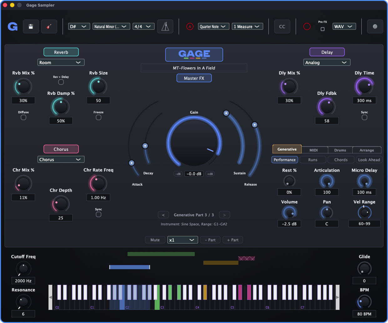 GAGE Sampler playing: the generative engine's parts light up keys across the keyboard